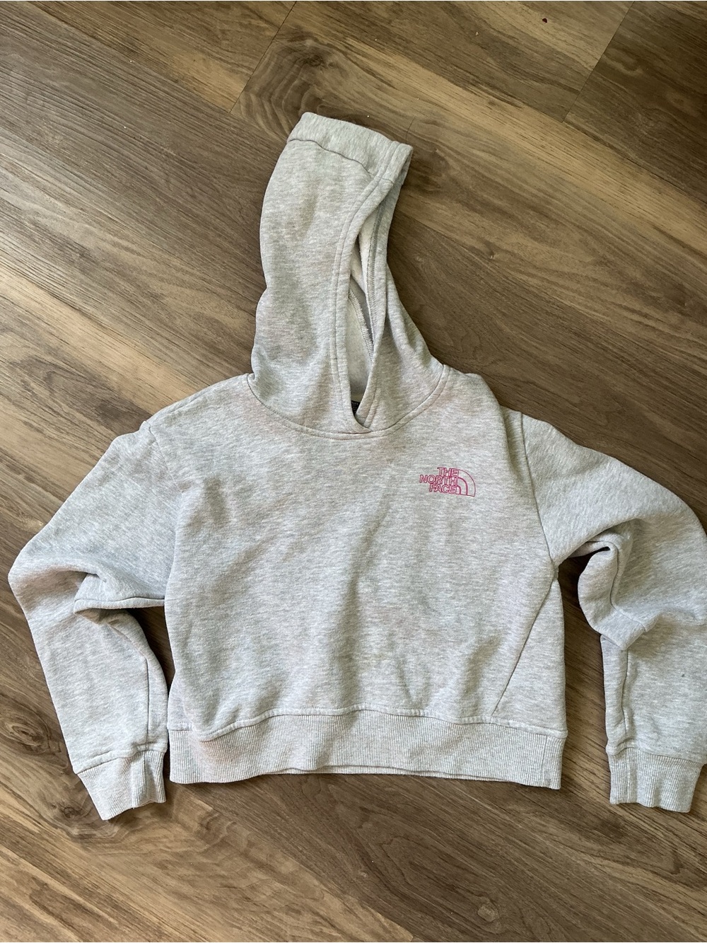 The North Face Light Gray Hoodie with Pink Logo